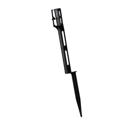 Black 11-inch landscape light stake with an offset design and three-prong socket holder, designed to secure pathway and holiday light bulbs upright in the ground; sold in a pack of 25.
