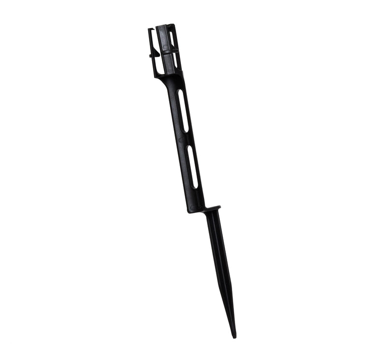 Black 11-inch landscape light stake with an offset design and three-prong socket holder, designed to secure pathway and holiday light bulbs upright in the ground; sold in a pack of 25.