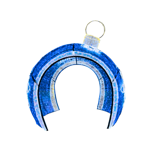 12FT Blue and Cool White Walkthrough Ornament decorated with snowflakes in a yard setting