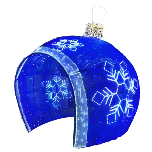 12FT Blue and Cool White Walkthrough Ornament decorated with snowflakes in a yard setting