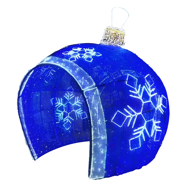 12FT Blue and Cool White Walkthrough Ornament decorated with snowflakes in a yard setting