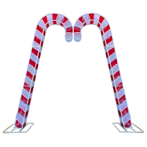 14FT Candy Cane Walkthrough Arch illuminated with red and white LED lights outdoors