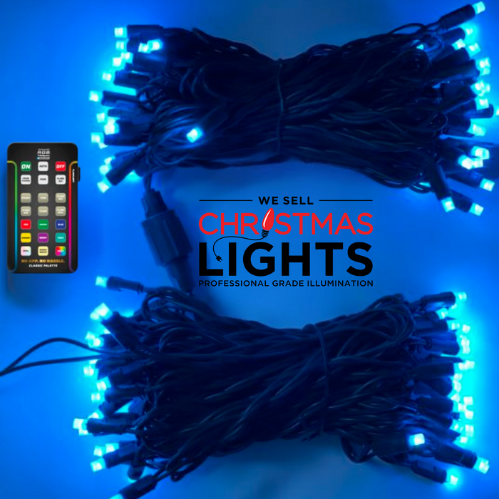 50-count 5MM RGB mini lights on green cord with 6 inch spacing for indoor and outdoor use
