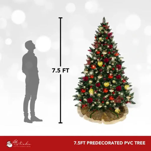 7.5-foot pre-decorated PVC Christmas tree with red, gold, and burgundy ornaments and lights