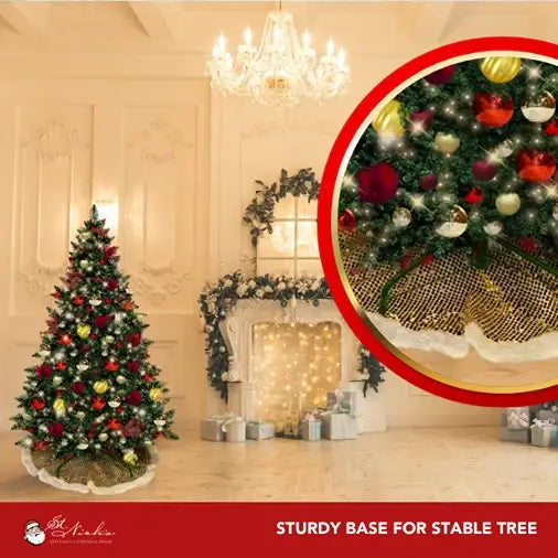 7.5-foot pre-decorated PVC Christmas tree with red, gold, and burgundy ornaments and lights