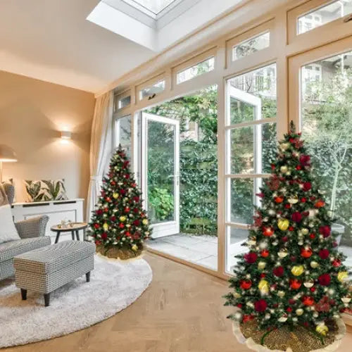 7.5-foot pre-decorated PVC Christmas tree with red, gold, and burgundy ornaments and lights