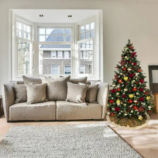 7.5-foot pre-decorated PVC Christmas tree with red, gold, and burgundy ornaments and lights