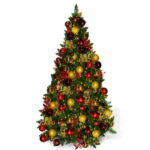 7.5-foot pre-decorated PVC Christmas tree with red, gold, and burgundy ornaments and lights