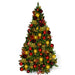 7.5-foot pre-decorated PVC Christmas tree with red, gold, and burgundy ornaments and lights