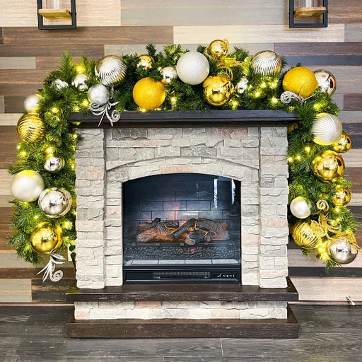 9'x14" Pre-Decorated Garland with Warm White Lights Gold, Silver, and White Ornaments