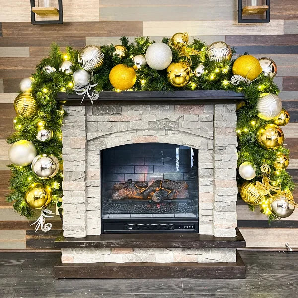 9'x14" Pre-Decorated Garland with Warm White Lights Gold, Silver, and White Ornaments