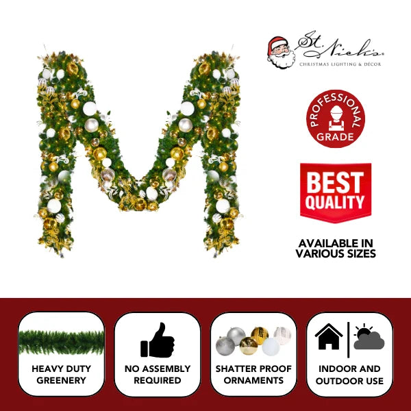 9'x14" Pre-Decorated Garland with Warm White Lights Gold, Silver, and White Ornaments