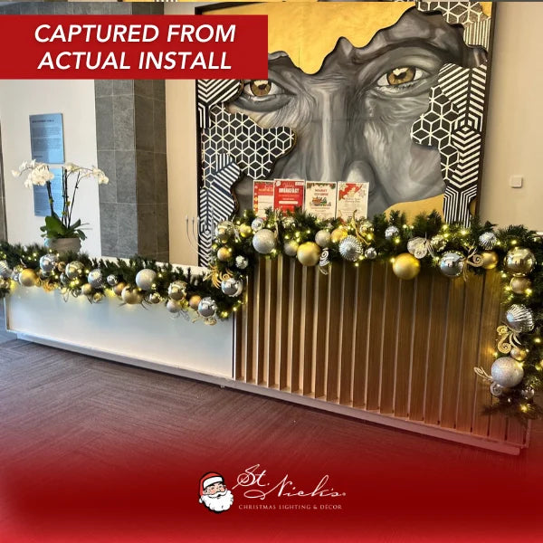 9'x14" Pre-Decorated Garland with Warm White Lights Gold, Silver, and White Ornaments