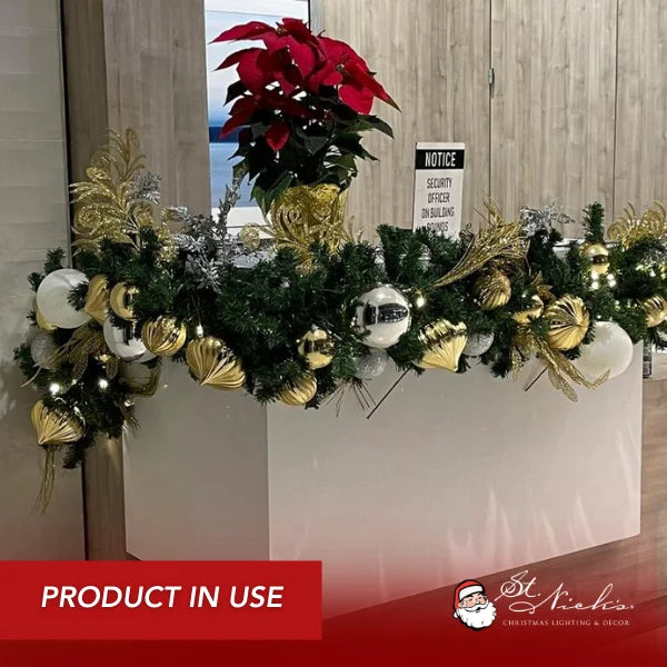 9'x14" Pre-Decorated Garland with Warm White Lights Gold, Silver, and White Ornaments