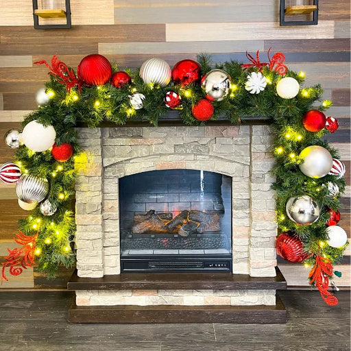 9 foot by 14 inch pre-decorated green garland with red, white, and silver ornaments and warm white LED lights