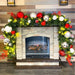 9 foot by 14 inch pre-decorated green garland with red, white, and silver ornaments and warm white LED lights