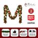 9 foot by 14 inch pre-decorated green garland with red, white, and silver ornaments and warm white LED lights