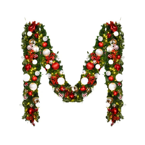 9 foot by 14 inch pre-decorated green garland with red, white, and silver ornaments and warm white LED lights