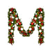 9 foot by 14 inch pre-decorated green garland with red, white, and silver ornaments and warm white LED lights