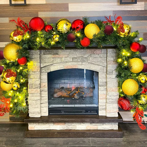 9'x14" Pre-Decorated Garland with Warm White Lights Red, Gold, and Burgundy Ornaments