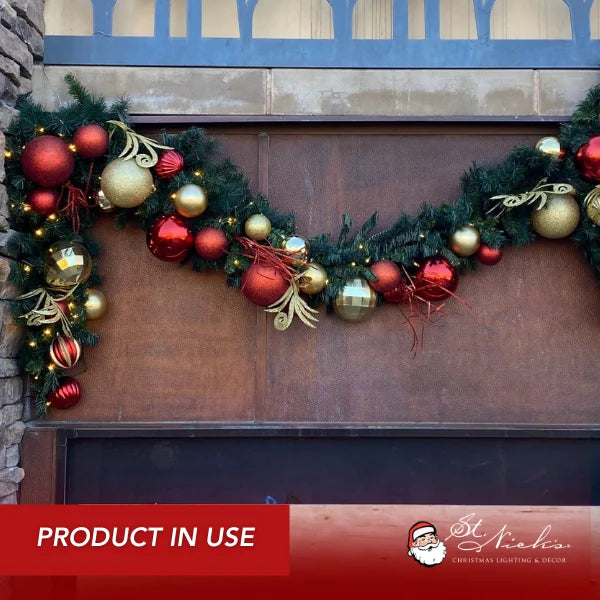 9'x14" Pre-Decorated Garland with Warm White Lights Red, Gold, and Burgundy Ornaments