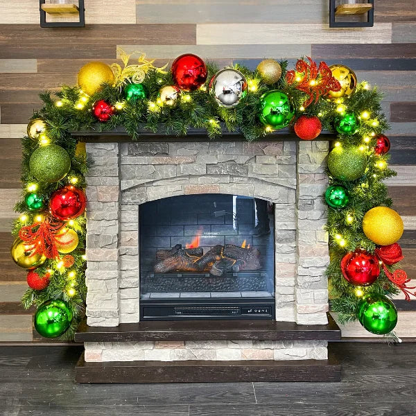 9'x14" Pre-Decorated Garland with Warm White Lights Red, Green, and Gold Ornaments
