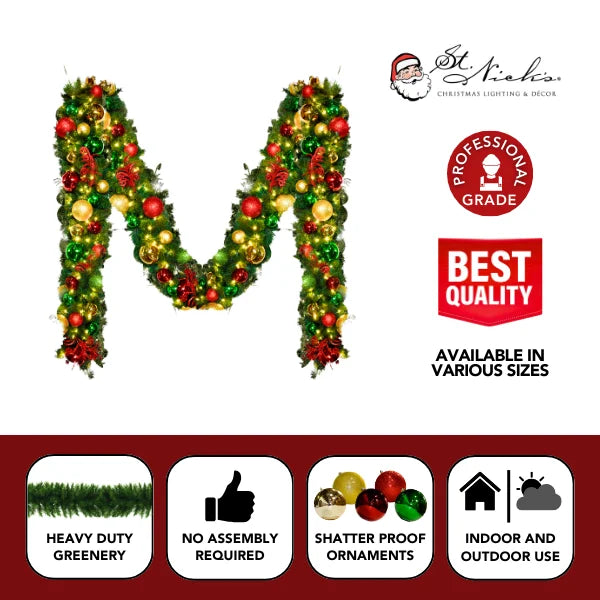 9'x14" Pre-Decorated Garland with Warm White Lights Red, Green, and Gold Ornaments