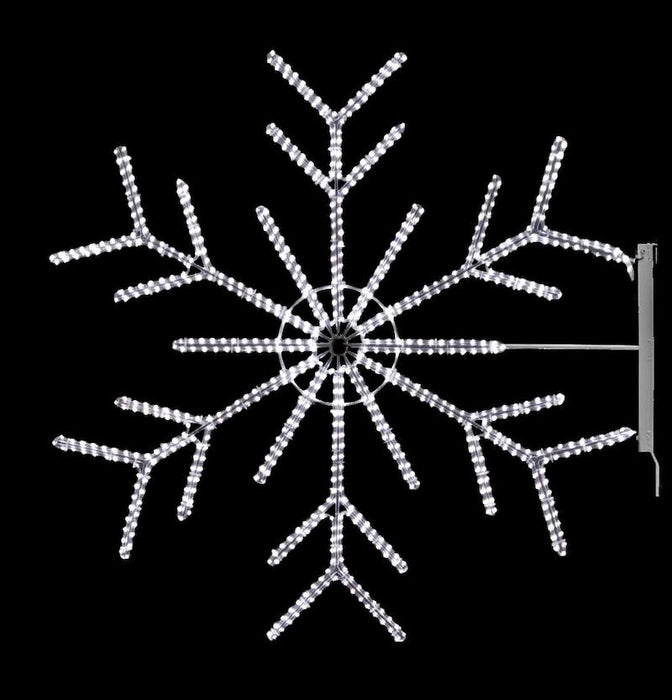 4-foot Arctic Double Chevron Snowflake rope light with twinkling cool white LEDs mounted on a pole outdoors