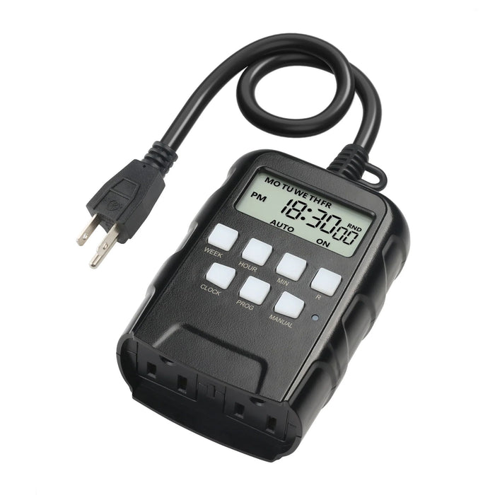 Digital Timer for holiday lighting automation with dual grounded outlets and backup battery