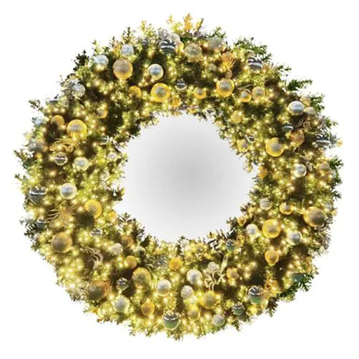Gold and Silver Pre-Decorated Christmas Wreath illuminated with warm white lights