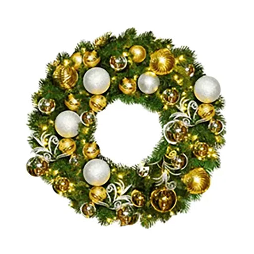 Gold and Silver Pre-Decorated Christmas Wreath illuminated with warm white lights