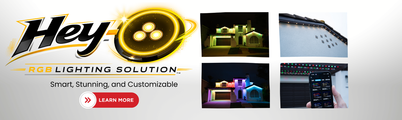 The official Hey-O RGB Lighting logo representing a modern permanent lighting brand specializing in RGB roofline lighting, permanent holiday lighting, and architectural exterior lighting systems.