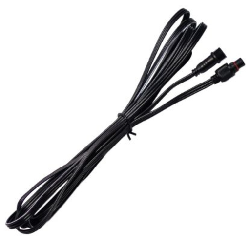 Black Hey-O RGB Lighting 10-foot 12V extender cable with male to female connectors on white background