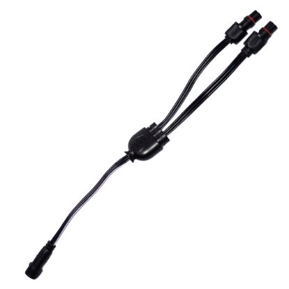 12V 1-to-2 pigtail connector for permanent lighting systems. Easily split lighting runs with reliable, low-visibility outdoor-rated design.