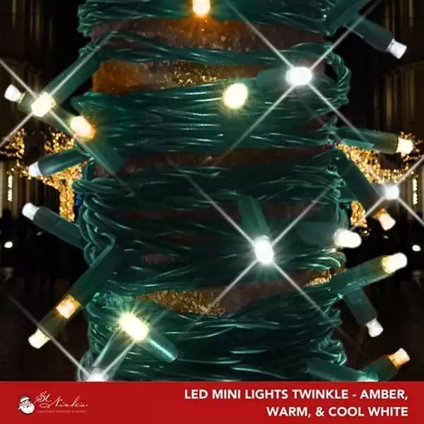 LED Mini Lights 5MM Amber, Warm White, Cool White Twinkle on Green Wire with 6 Inch Spacing