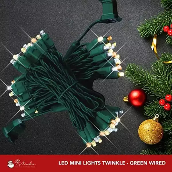LED Mini Lights 5MM Amber, Warm White, Cool White Twinkle on Green Wire with 6 Inch Spacing
