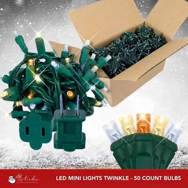 LED Mini Lights 5MM Amber, Warm White, Cool White Twinkle on Green Wire with 6 Inch Spacing