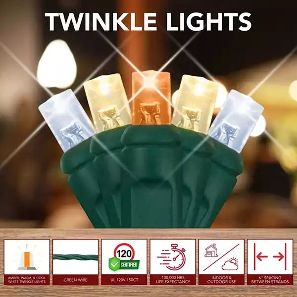 LED Mini Lights 5MM Amber, Warm White, Cool White Twinkle on Green Wire with 6 Inch Spacing