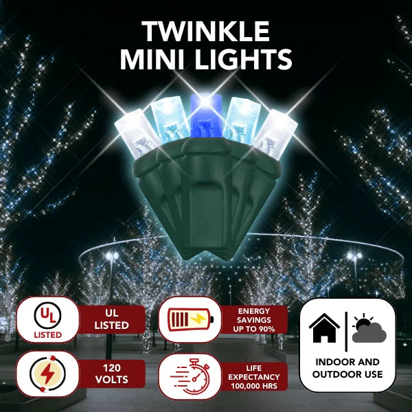 LED Mini Lights 5MM Aqua Blue and Cool White Twinkle Green Wire 6" Spacing