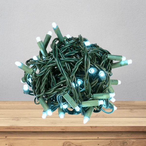 LED Mini Lights 5MM Aqua Twinkle Green Wire with 6 inch spacing, 50 bulbs per 25 ft strand