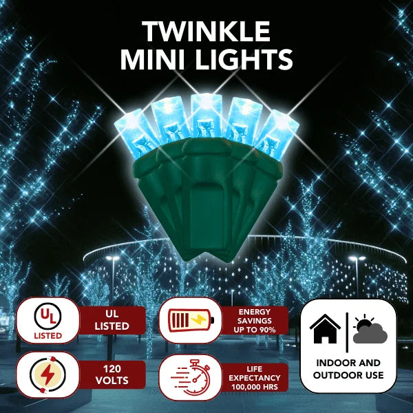 LED Mini Lights 5MM Aqua Twinkle Green Wire with 6 inch spacing, 50 bulbs per 25 ft strand