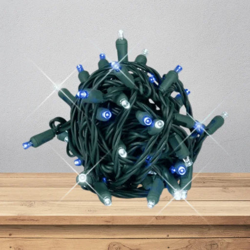 LED Mini Lights 5MM Blue and Cool White Twinkle on Green Wire with 6 Inch Spacing