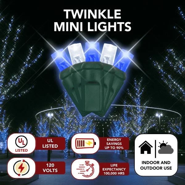LED Mini Lights 5MM Blue and Cool White Twinkle on Green Wire with 6 Inch Spacing