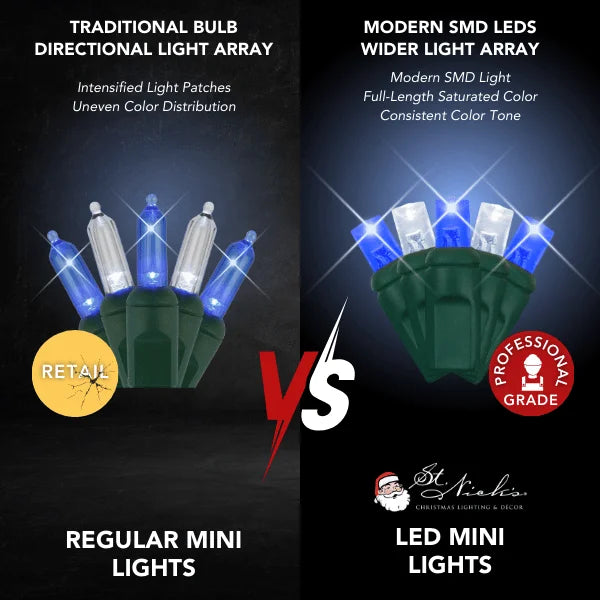 LED Mini Lights 5MM Blue and Cool White Twinkle on Green Wire with 6 Inch Spacing