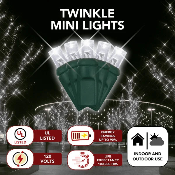 LED Mini Lights 5MM Cool White Twinkle Green Wire with 6 inch spacing