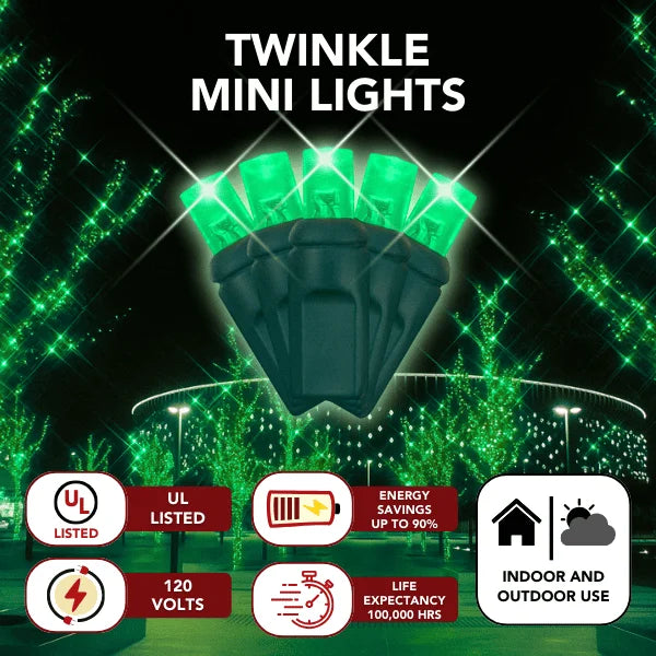 LED Mini Lights 5MM Green Twinkle on Green Wire with 6 Inch Spacing