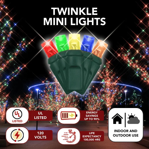 LED Mini Lights 5MM Multicolor Soft Twinkle Green Wire with 50 bulbs spaced 6 inches apart
