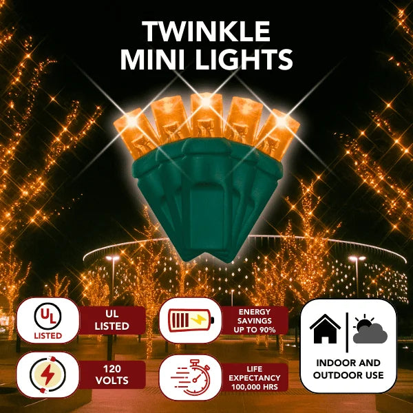 LED Mini Lights 5MM Orange Twinkle on green wire with 6 inch spacing