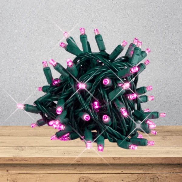 LED Mini Lights 5MM Pink Twinkle Green Wire with 6 inch spacing on green wire strand