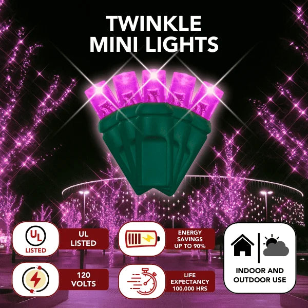 LED Mini Lights 5MM Pink Twinkle Green Wire with 6 inch spacing on green wire strand